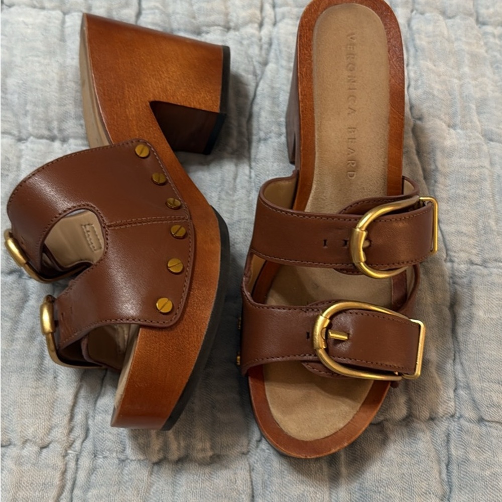Veronica Beard Halifax Clog 6.5 Luggage Brown Leather Women's Sandals